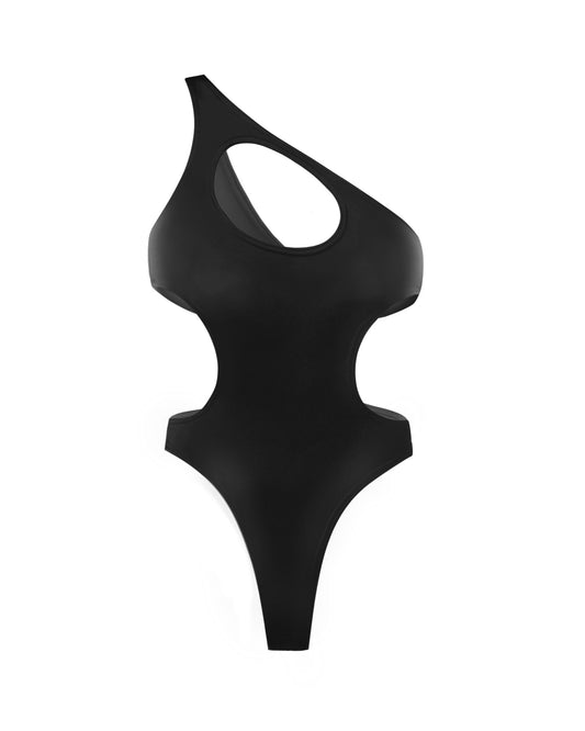 BLACK ONE-SHOULDER ONE-PIECE SWIMSUIT